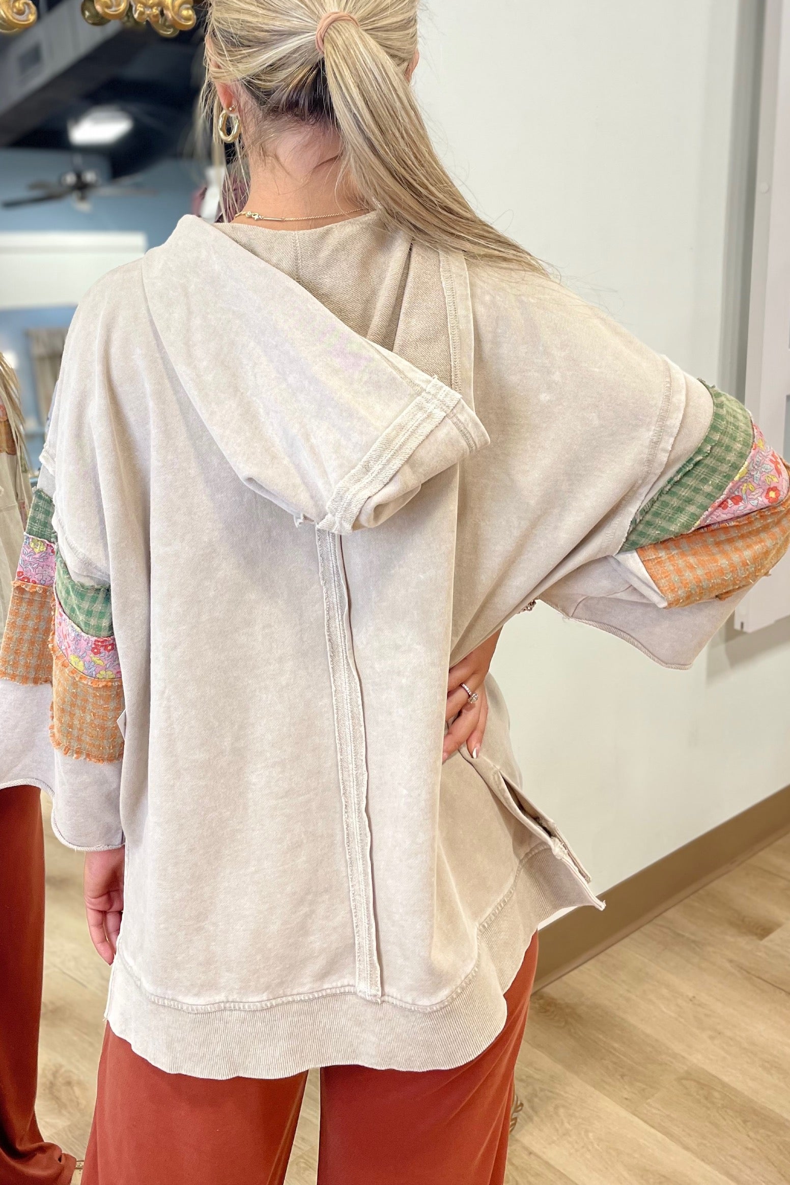 Plaza Taupe 3/4 Sleeve Print Mix Hoodie