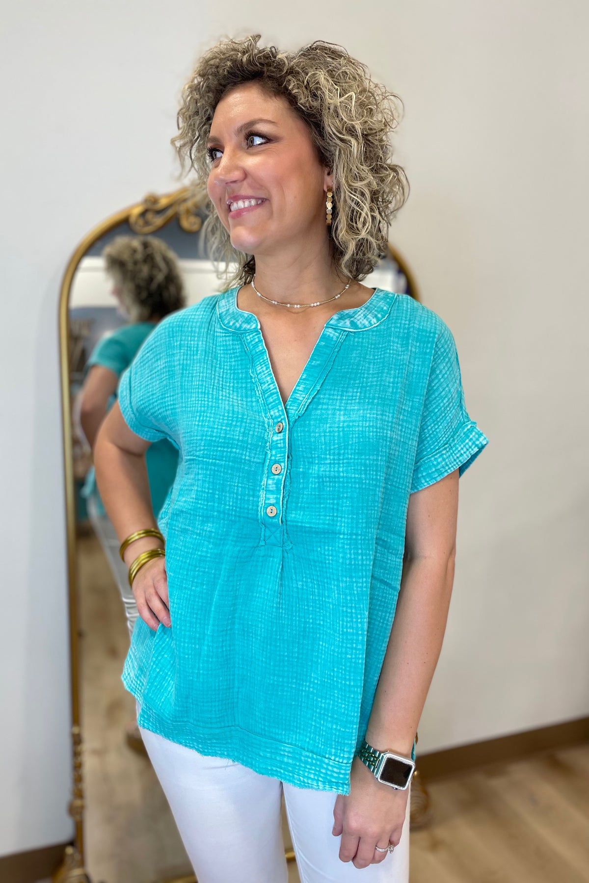 Going w Gauze Henley Blouse Turquoise