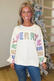 Merry Merry Merry Rhinestone Embellished Sweatshirt Cream