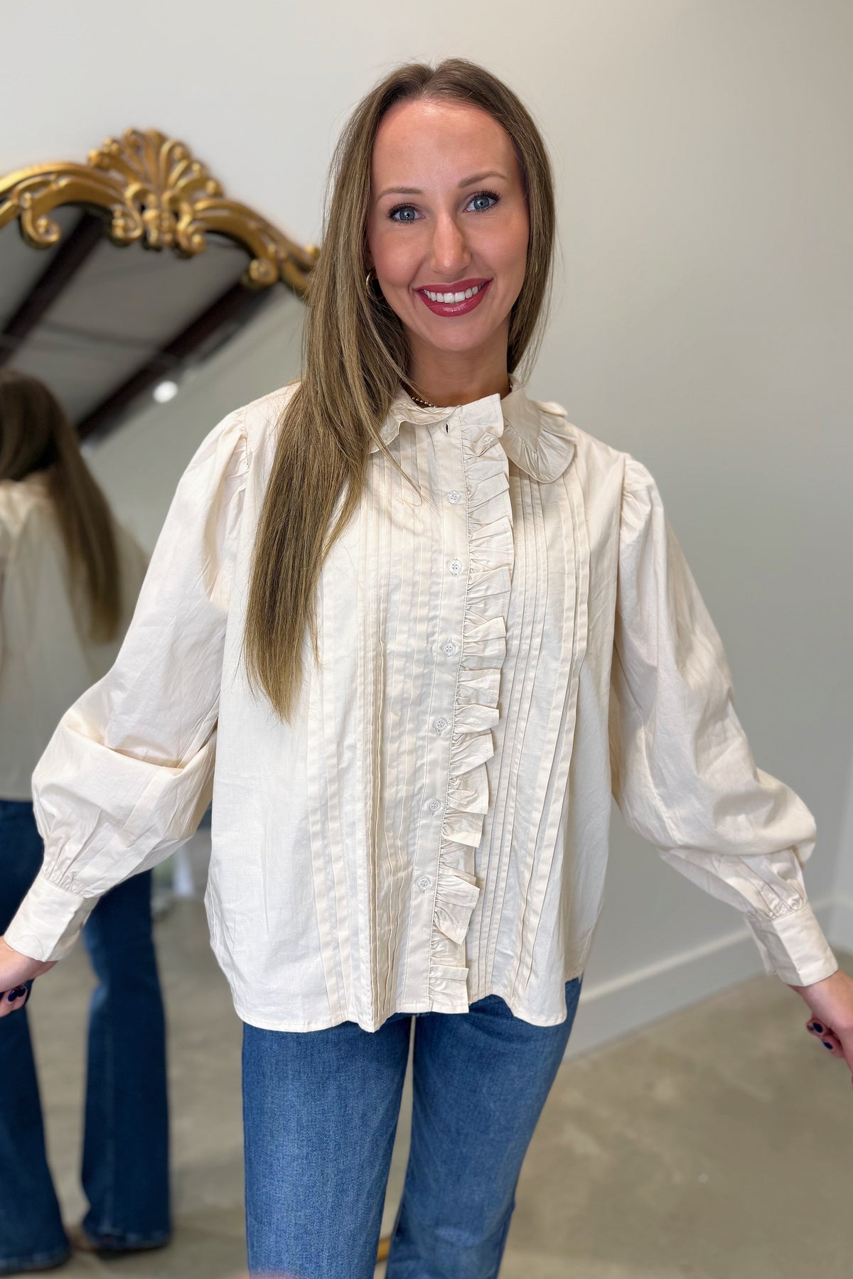 Karlie Pleat Ruffle Trim Blouse Ivory