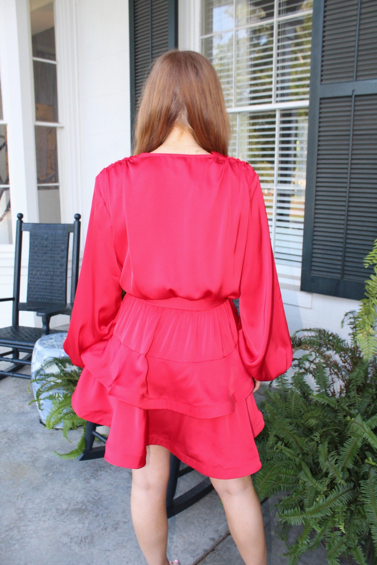 Winner Tiered Satin Long Sleeve Mini Dress Red