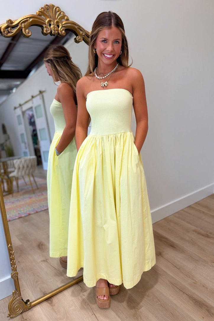 Strapless Statement Midi Dress Yellow