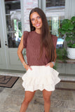 Ruffle Cap Sleeve Cable Knit Sweater Brown