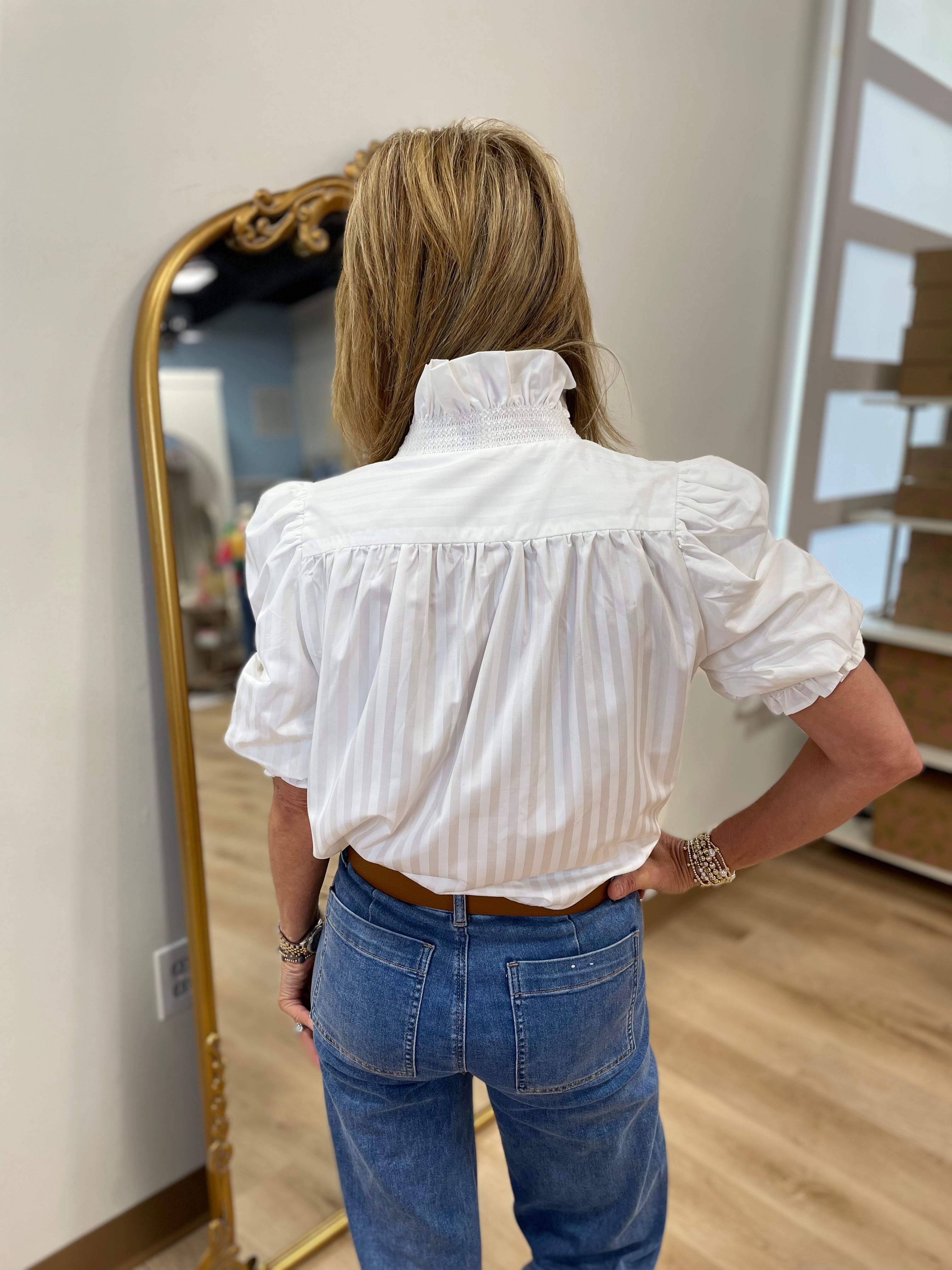 Karlie Solid Stripe Ruffle Puff Sleeve Top White