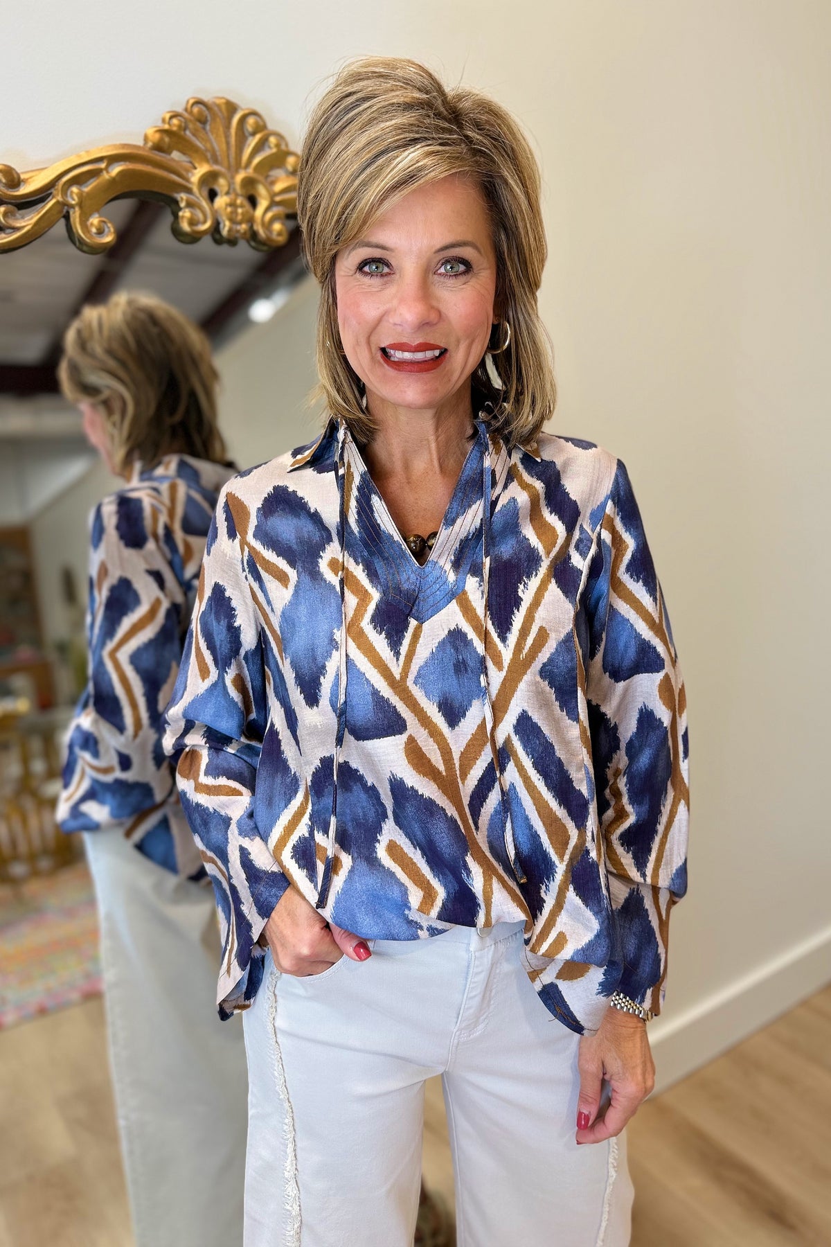 Umgee Aztec Printed Blouse Navy