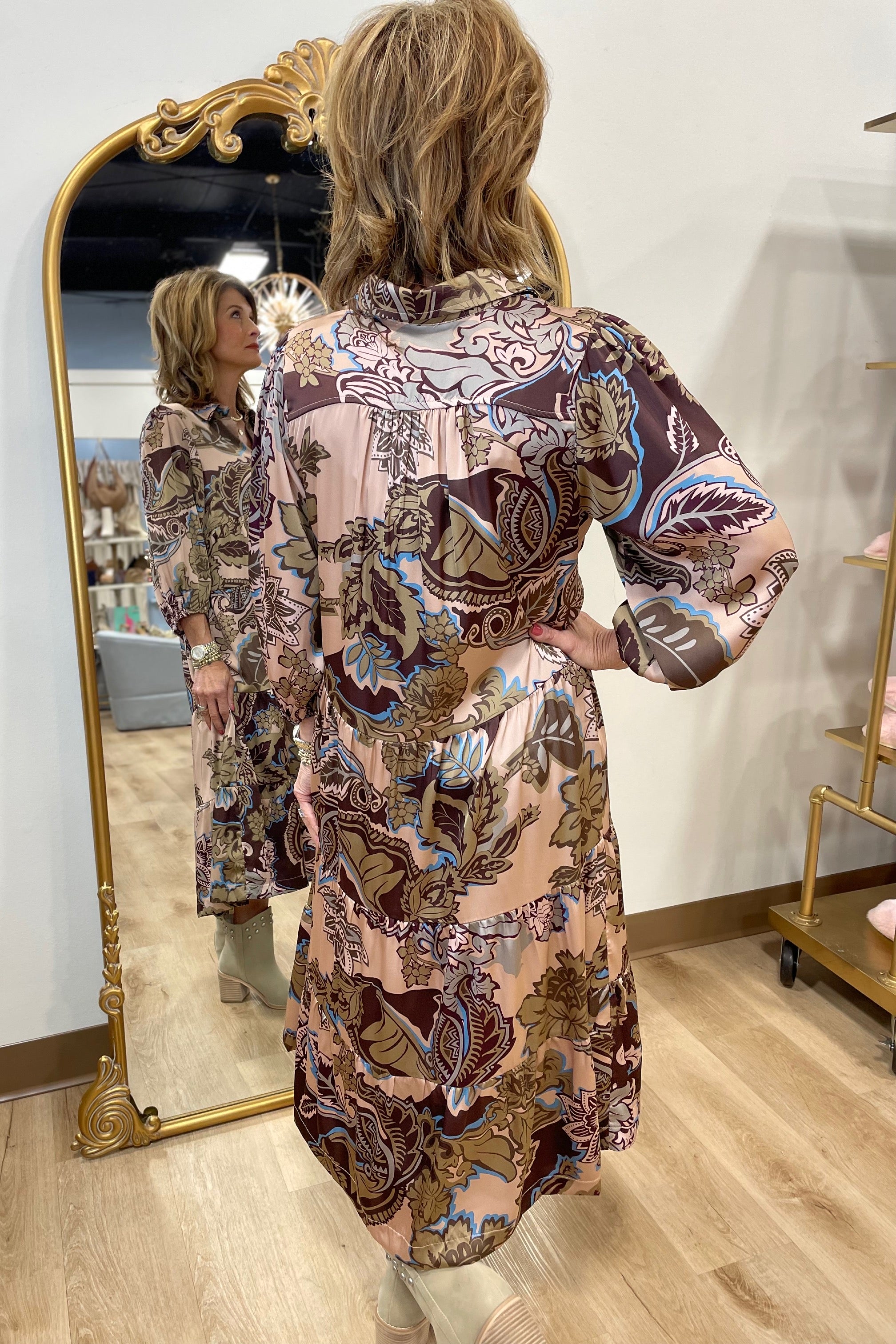 Umgee Fall Mixed Print Dress Brown