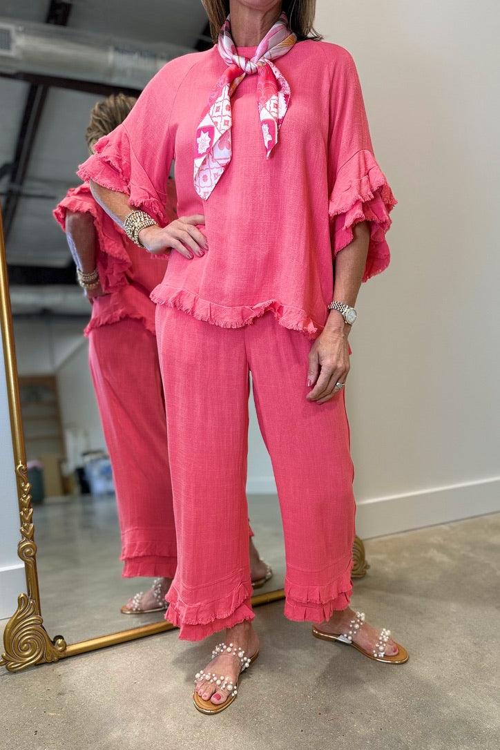 Multiples Fringe Hem Top Coral Pink
