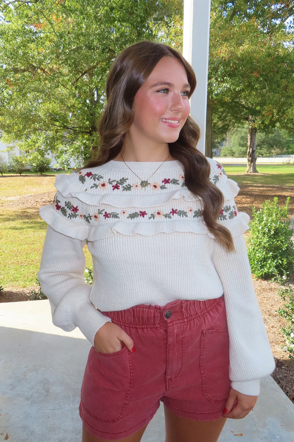 Fall Into Place Floral Embroidered Ruffle Sweater Taupe