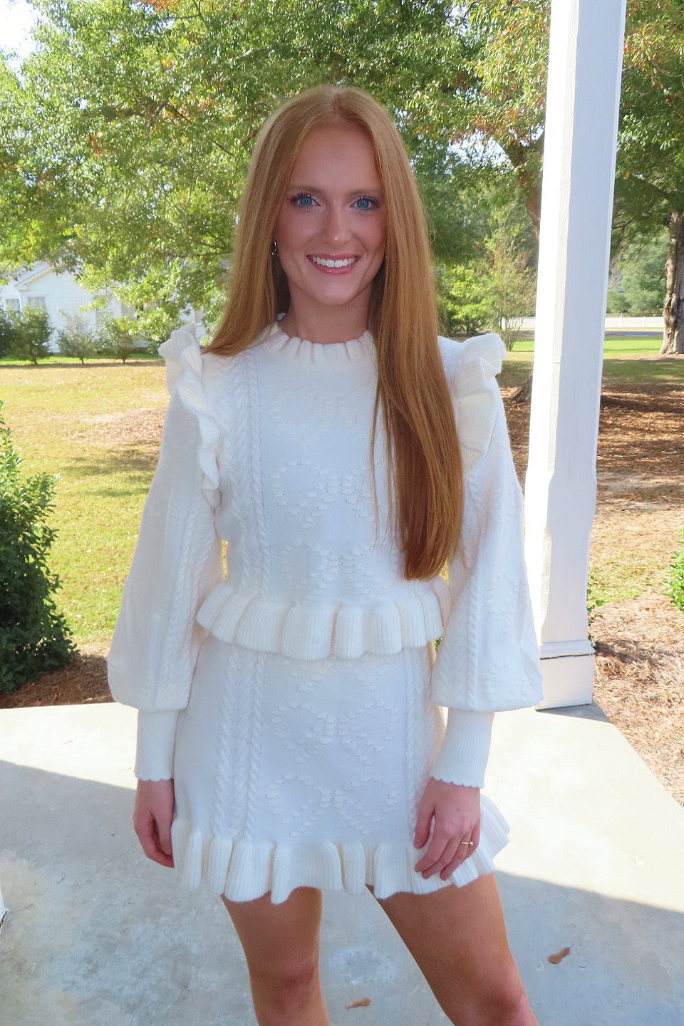 So Very Thankful Ruffle Knit Skirt Set Cream