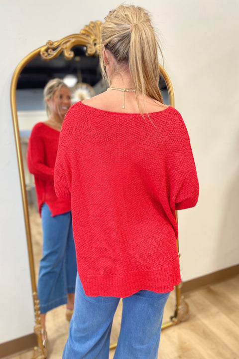 Chic V  Neck Sweater Red