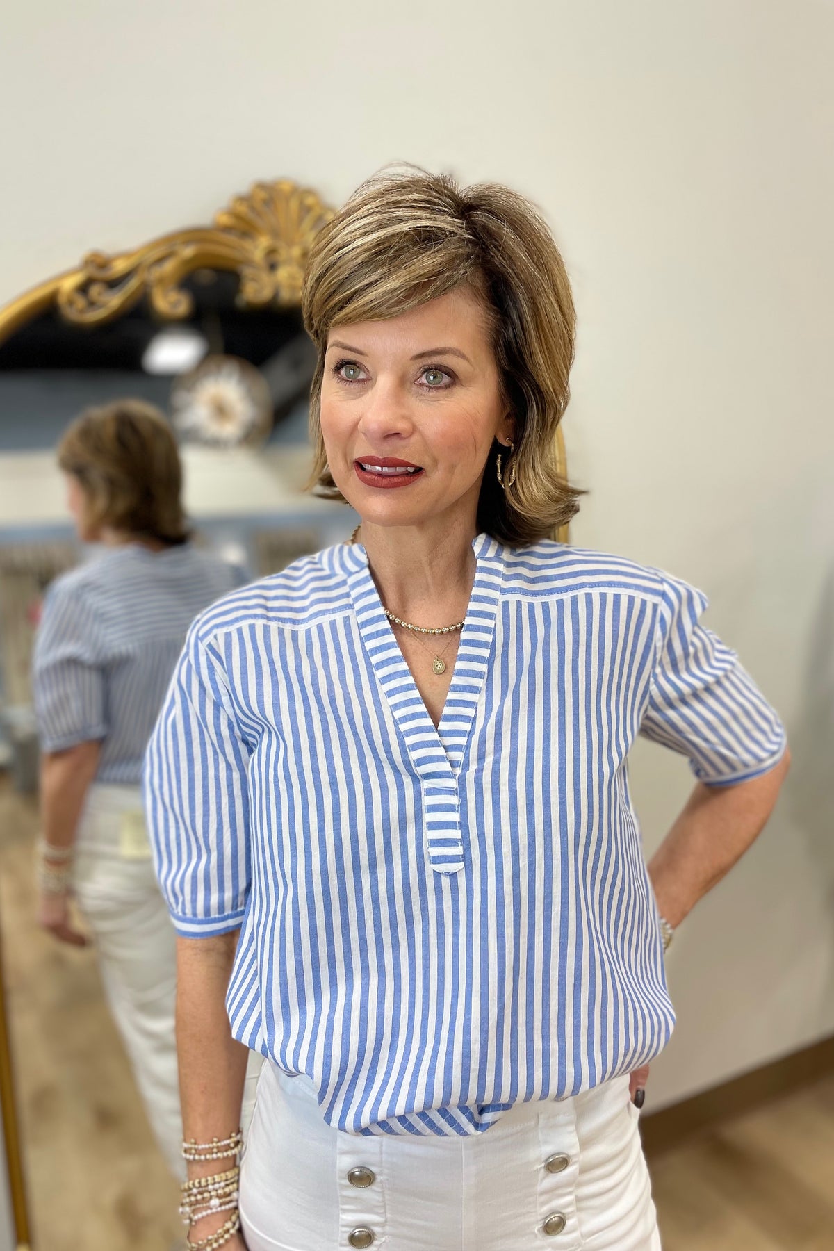 Charlie B Popover Blouse Denim Stripe