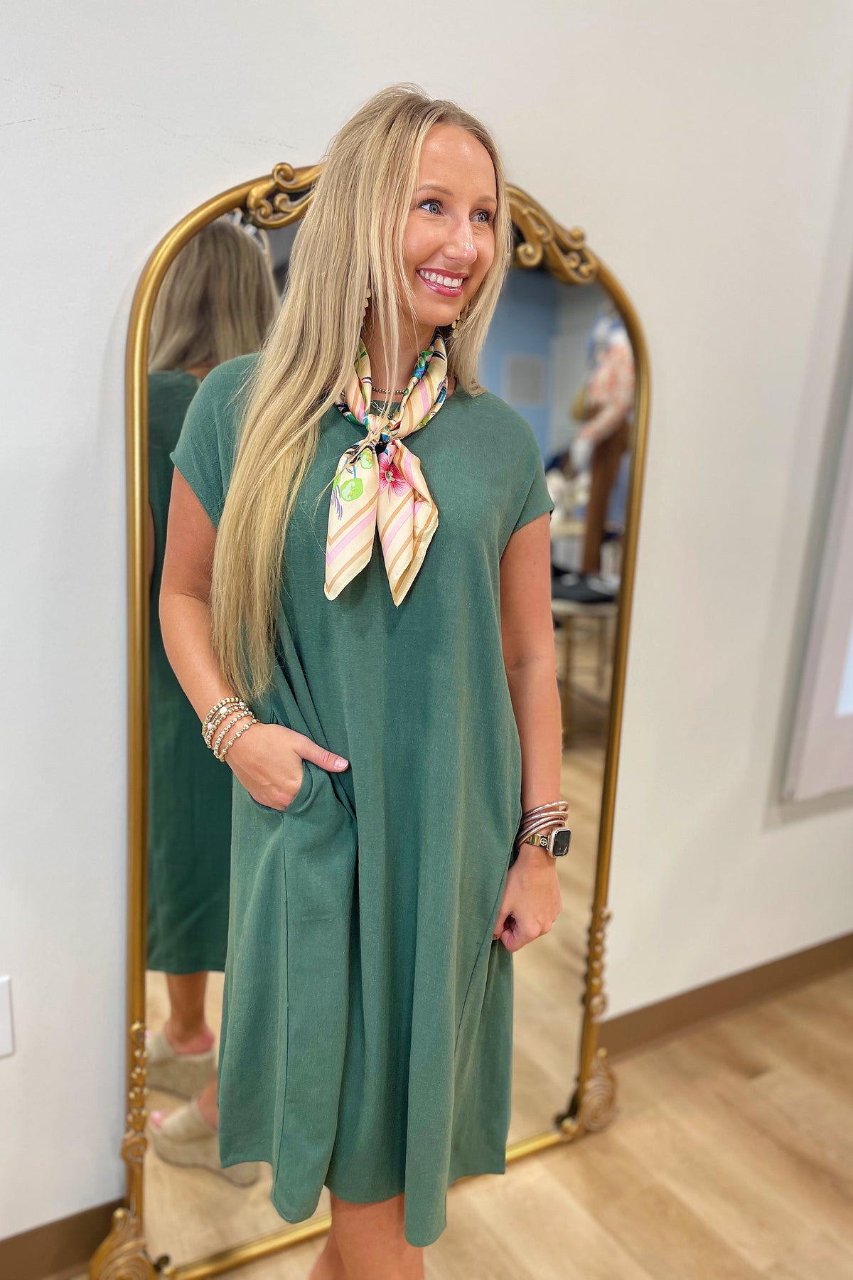 Oversized Midi Linen Dress Gray Green