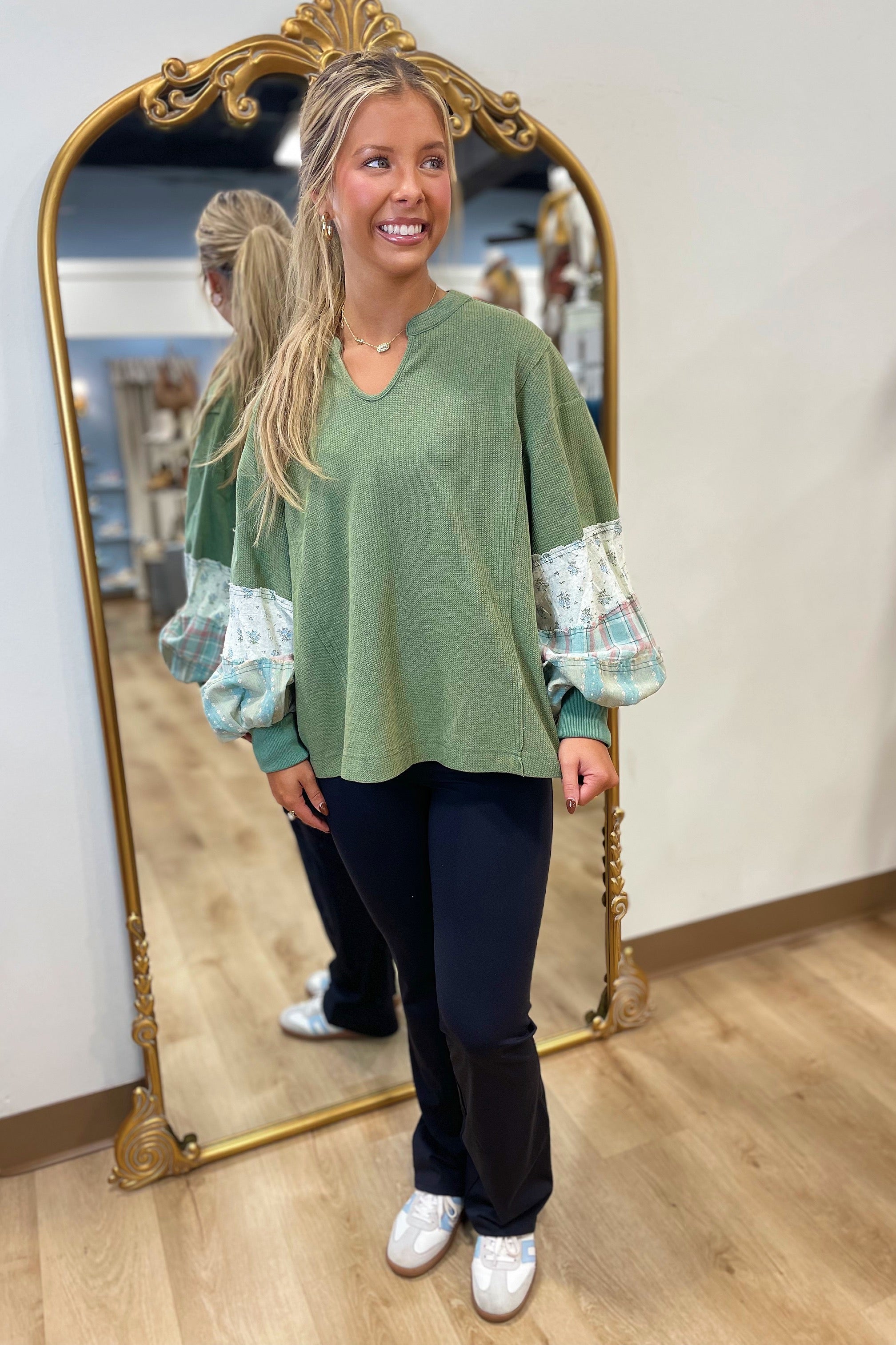 Blue Rose Patch Sleeve Top Sage