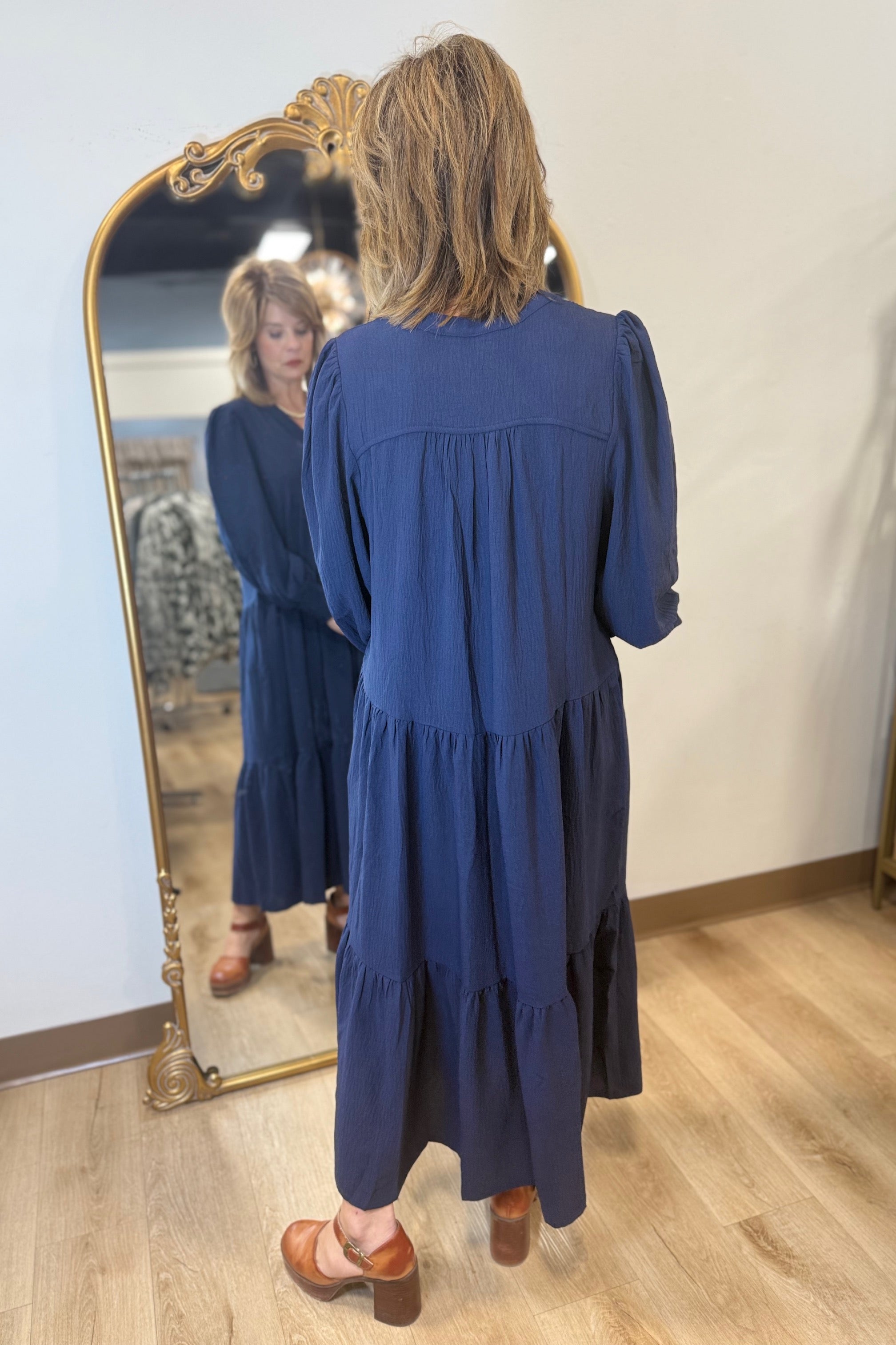 umgee tiered midi dress with ruffled sleeves Umgee Tiered Midi Dress Navy – Expectations Too
