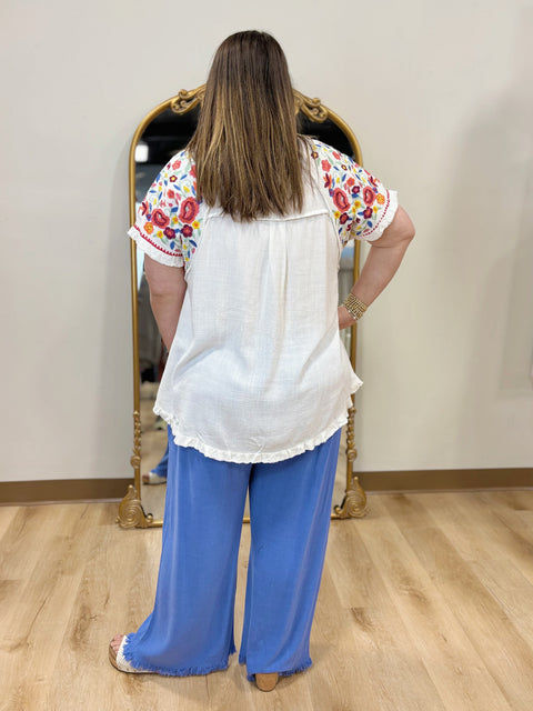 Umgee Embroidered Sleeve Top Orchid Blue