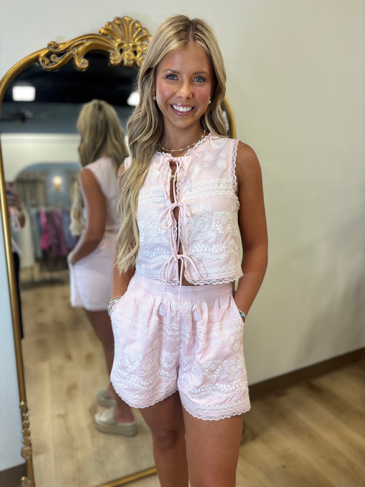 Ella Embroidered Tie Front Short Set Pink