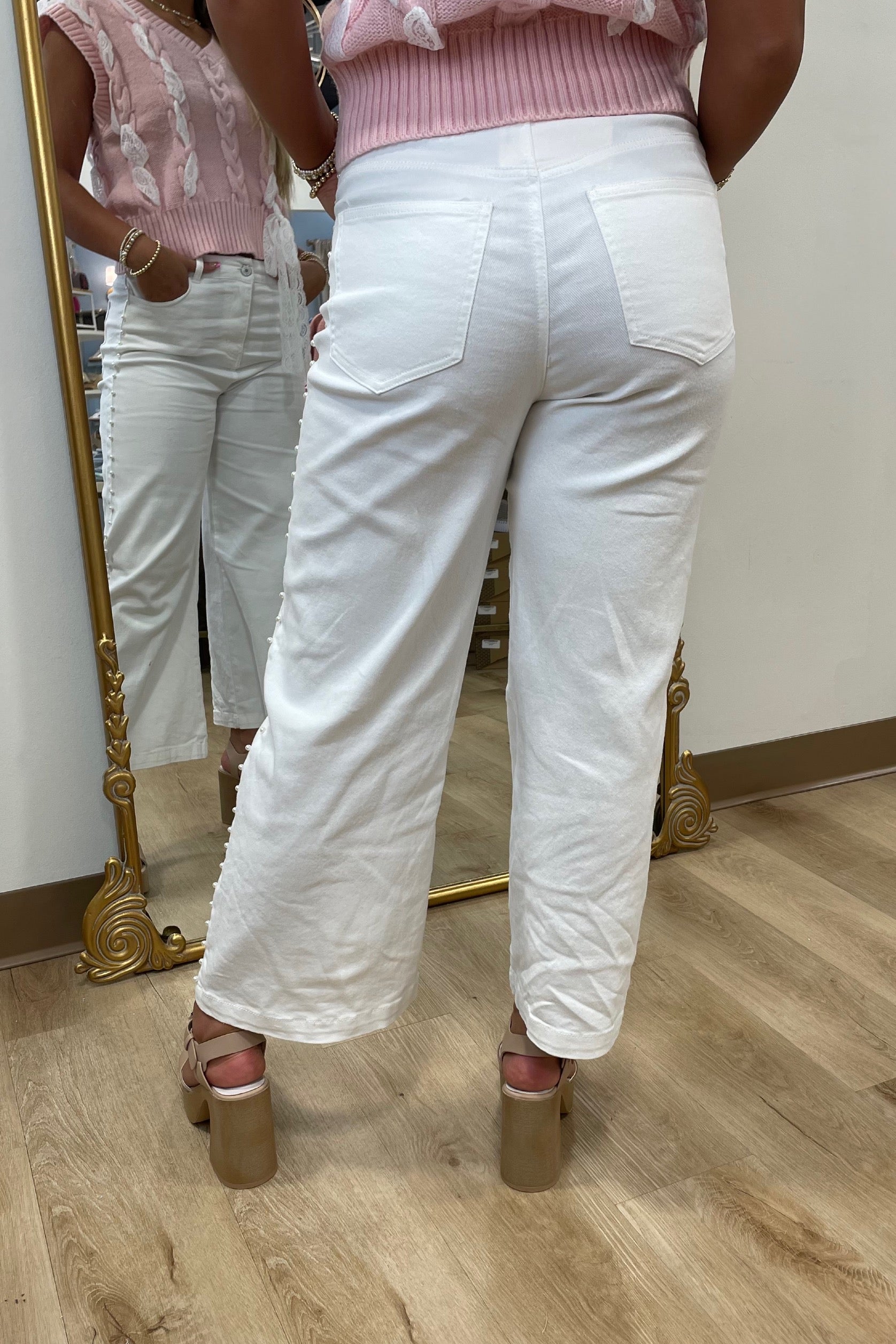 Pearl Accented Wide Leg Jean White
