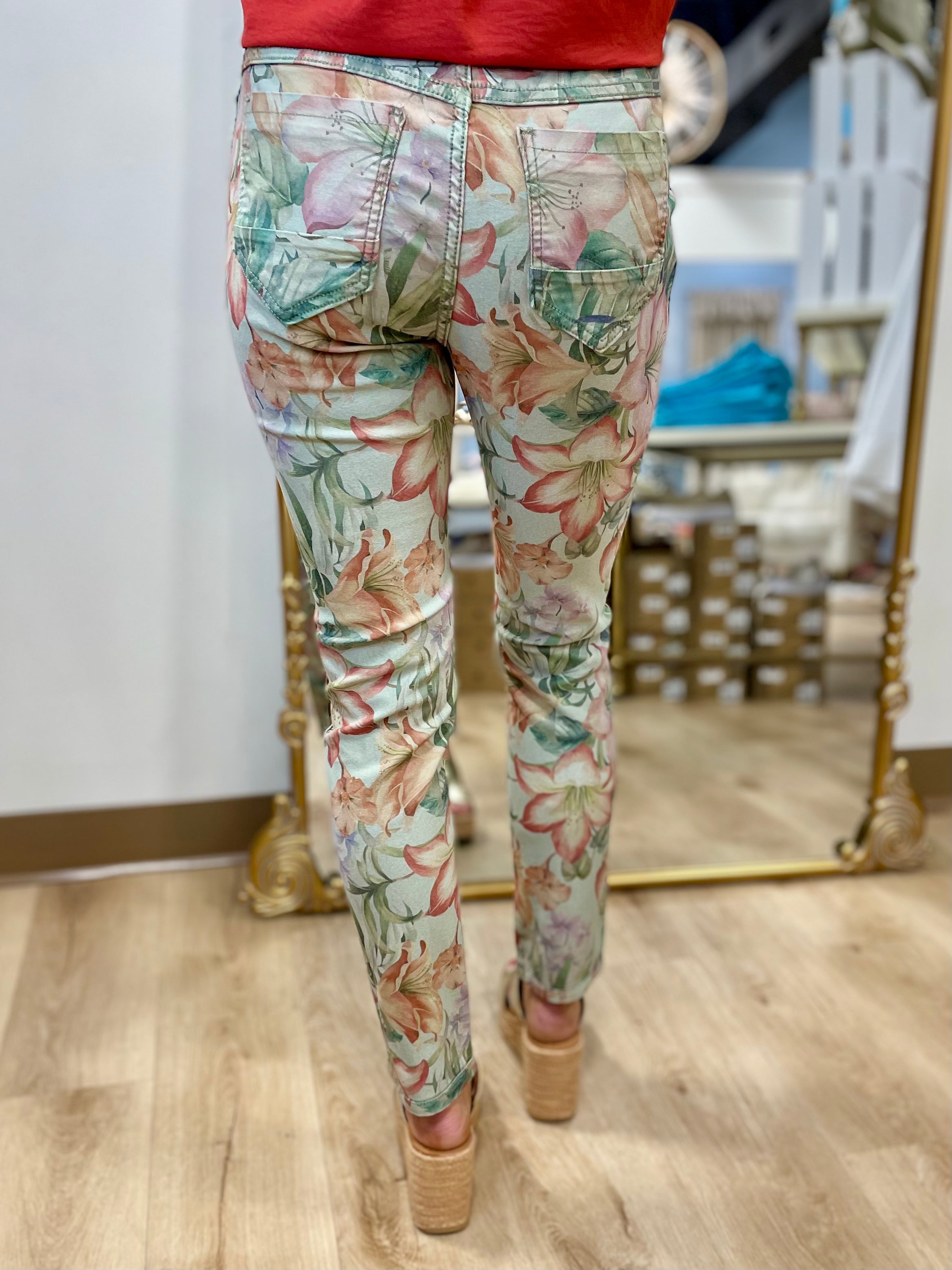 Tempo Paris Olive Floral Reversible Pants