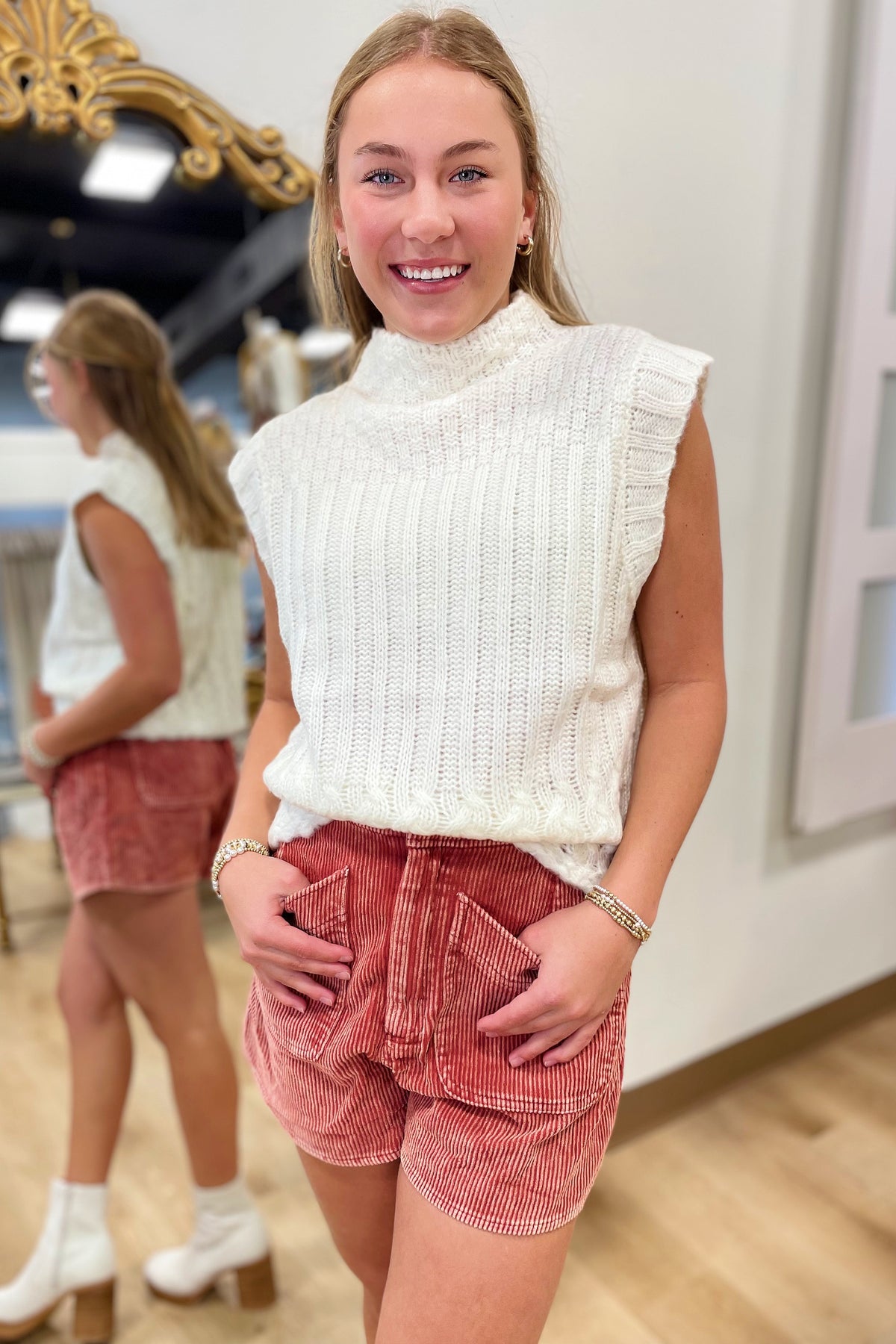 Trish Mixed Knit Mock Neck Sweater Vest White