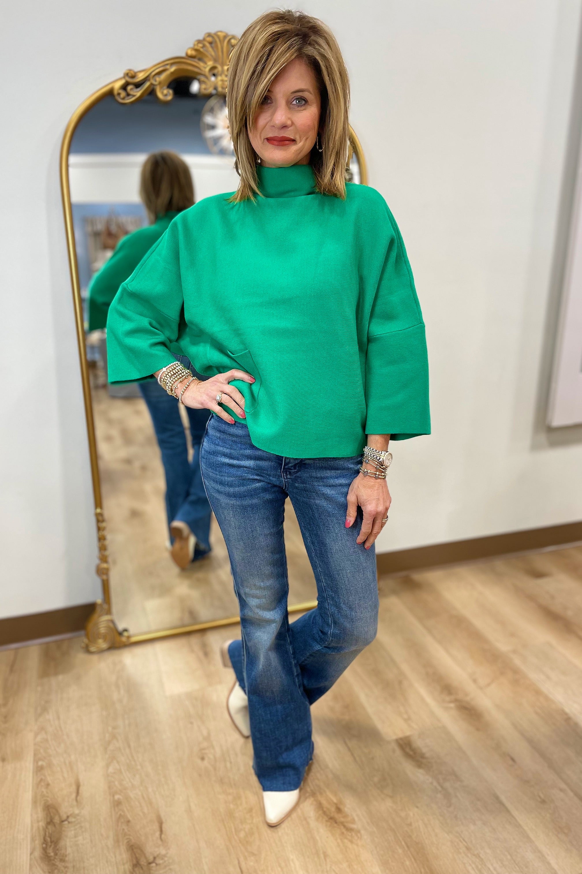 APNY Funnel Neck Sweater w Patch Pockets Emerald
