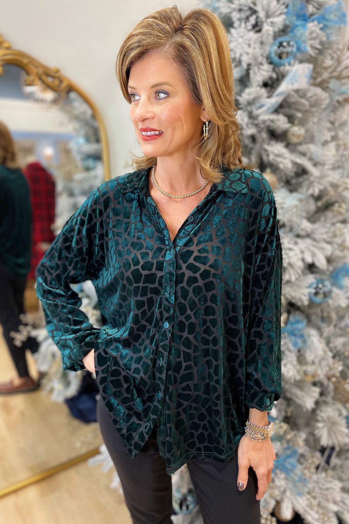 Umgee Velvet Burnout Blouse Green