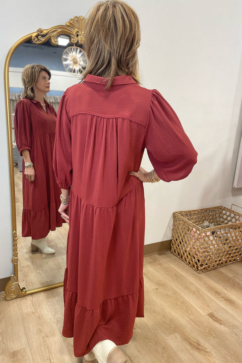 Umgee Solid Collared V-Neck Midi Dress Brick