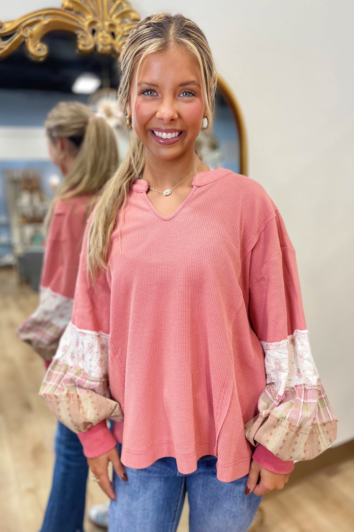 Rose Patch Sleeve Top Pink