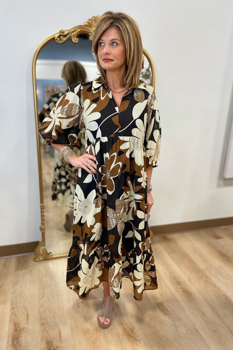 Umgee Rust Mix Split Neck Midi Dress Camel