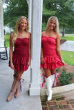 Blitz Eyelet Ruffle Hem Strapless Dress Red