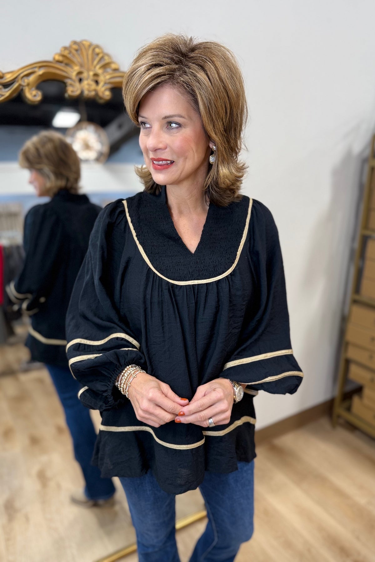 Umgee Smocked Yoke Blouse Black