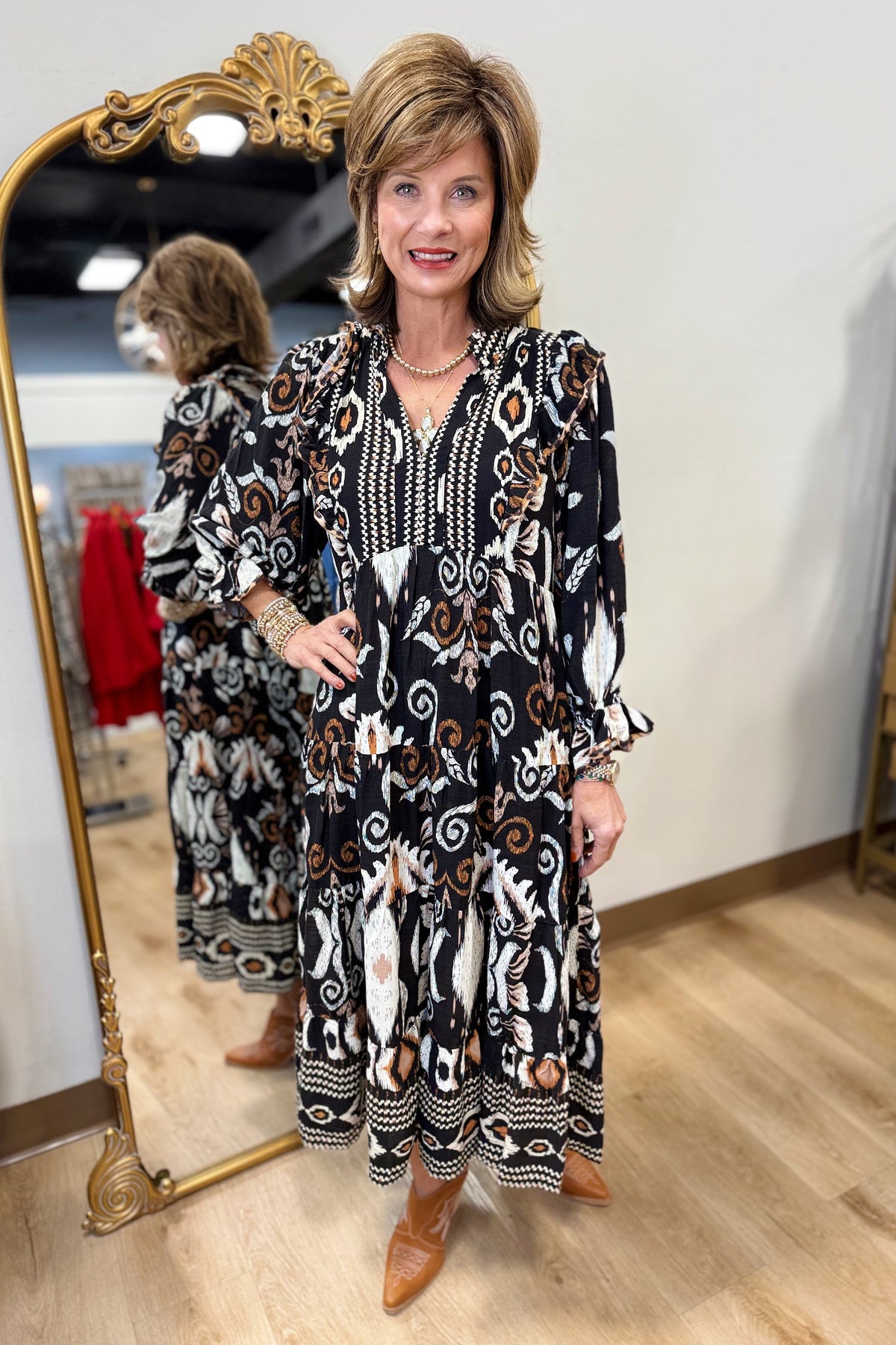 Umgee Damask Print Dress Black
