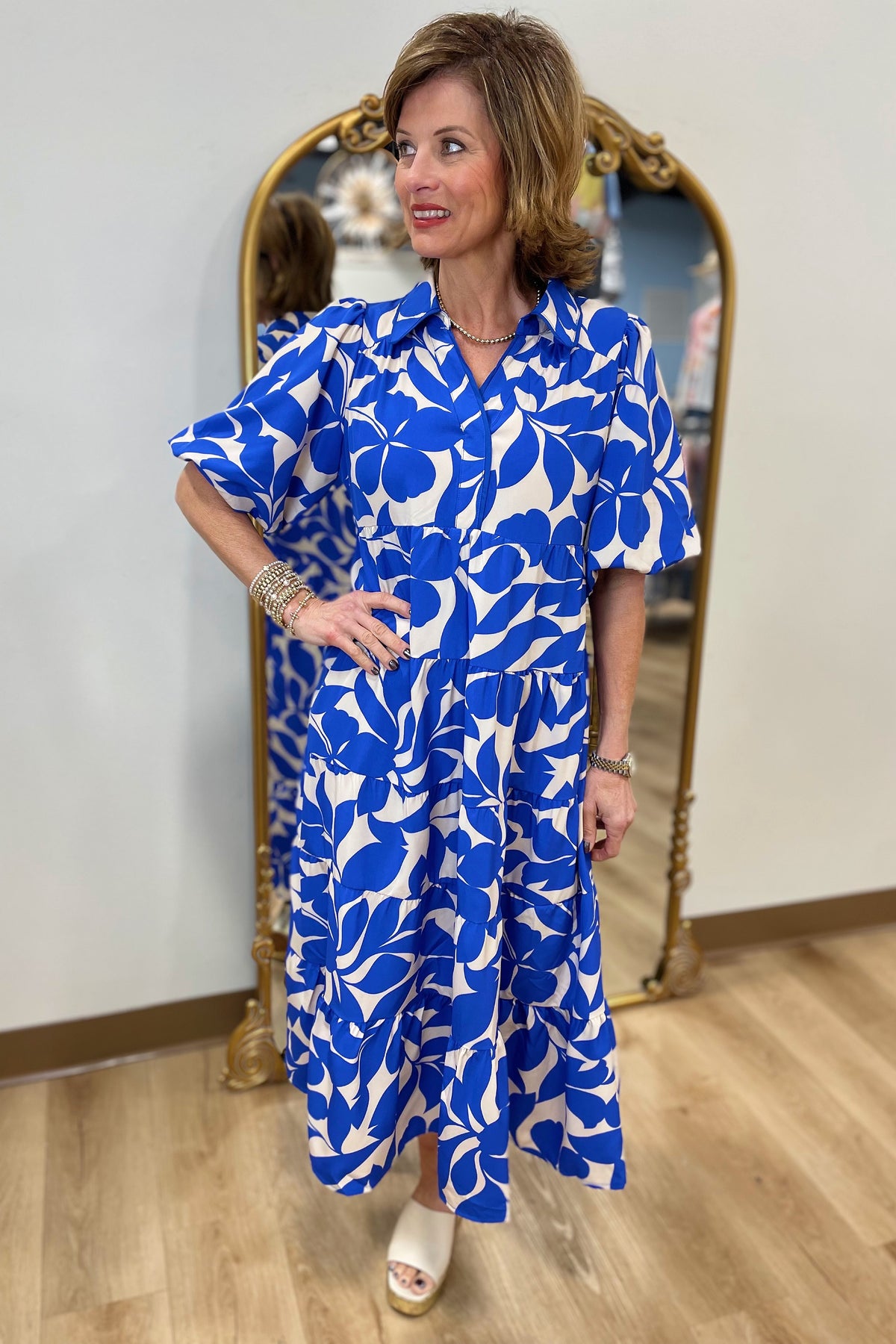 Umgee Tiered Printed Dress Blue