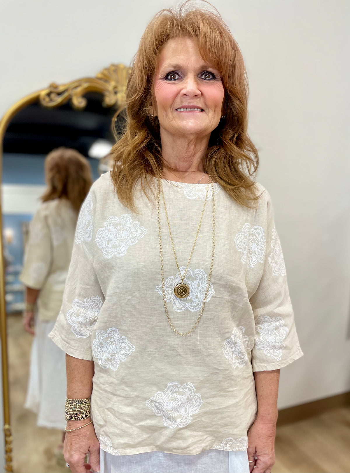 Tempo Paris Printed Linen Top Beige
