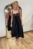 Enchanting Evening Satin Pleated Midi Dress Black