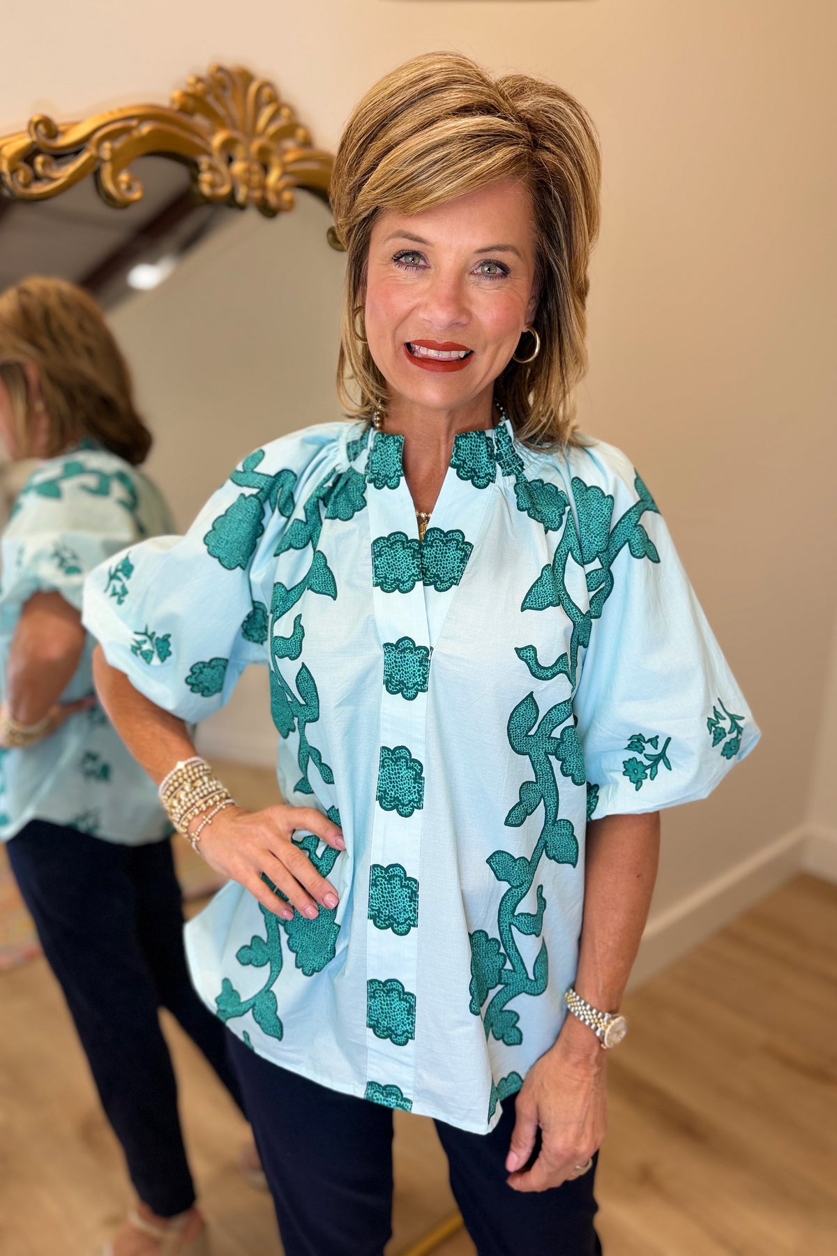 Umgee Floral Print Teal Blouse
