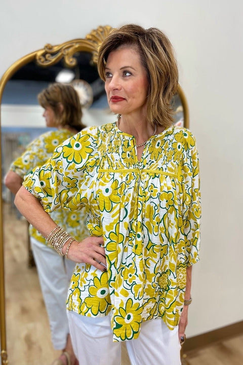 Spring Blooms Smocked Bodice Top Mustard