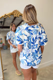 Umgee Ruffle Neck Floral Blouse Blue