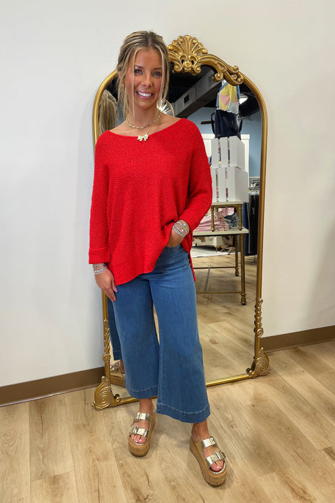 Chic V  Neck Sweater Red