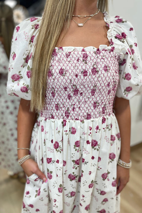 Rosy Darling Smocked Bodice Dress Ivory