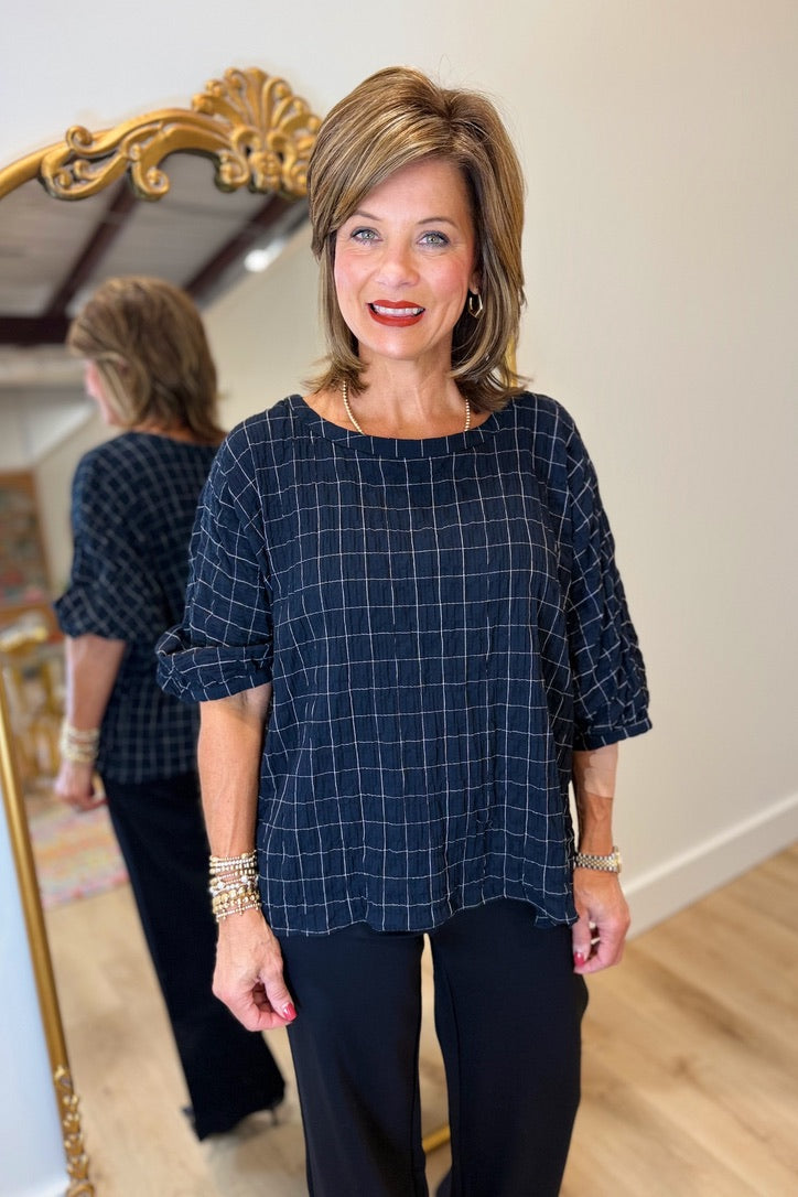 Check Print Gauze Blouse Black