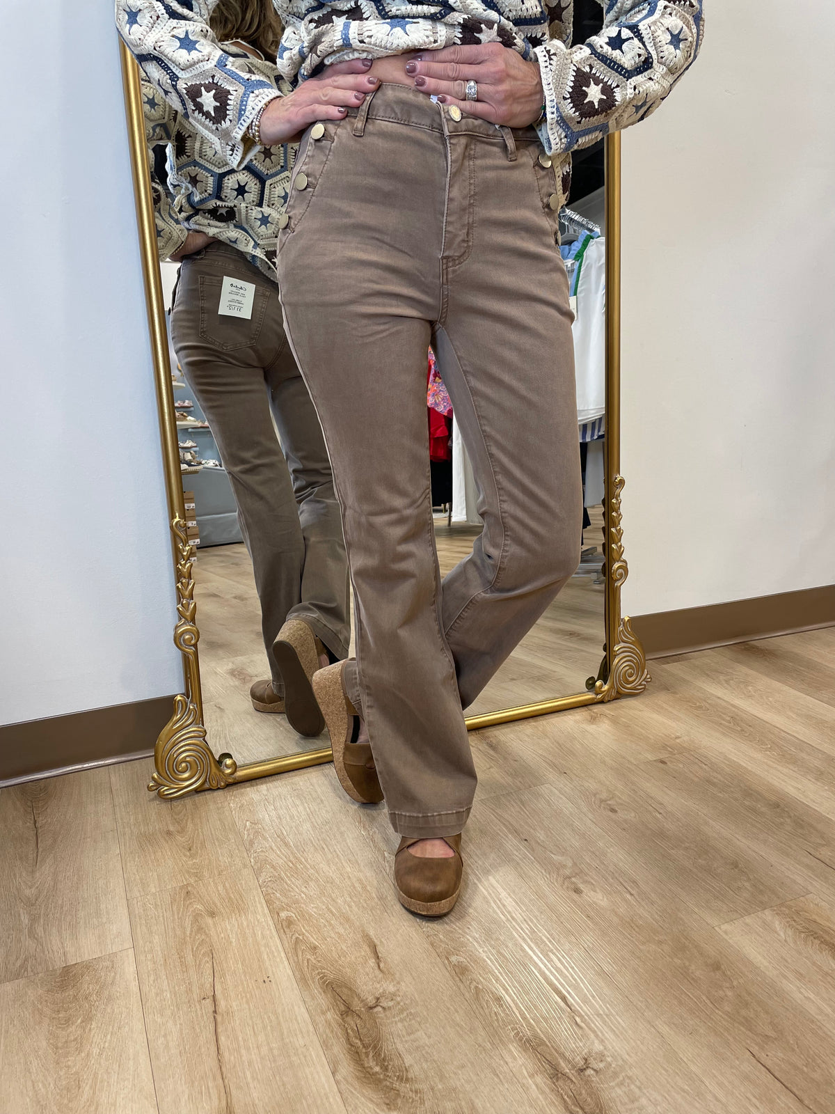 Charlie B Flare Leg Jean with Buttons Truffle