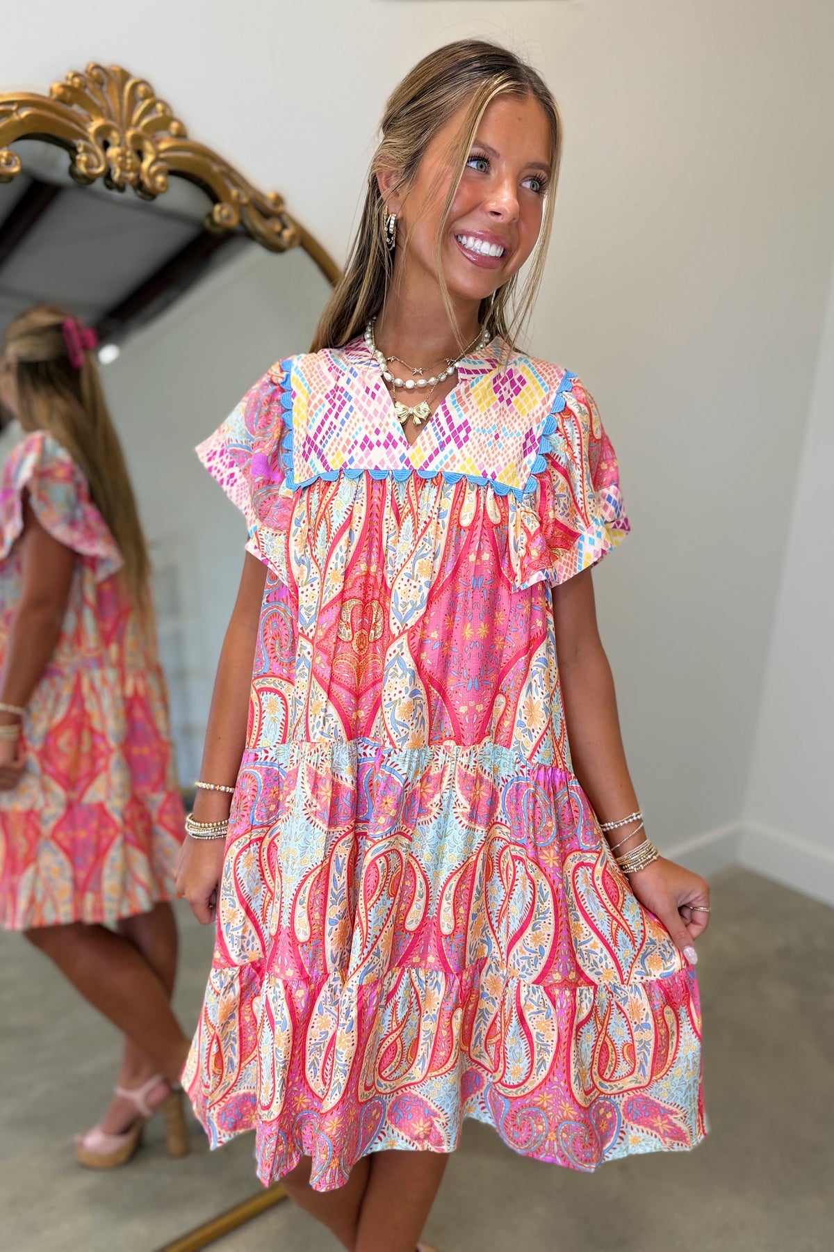 Umgee Boho Paisley Print Dress Pink