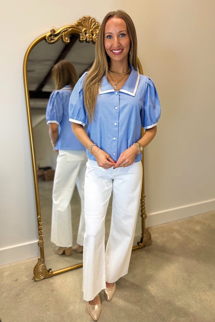 Shipwrecked Treasure Pearl Button Striped Top Blue