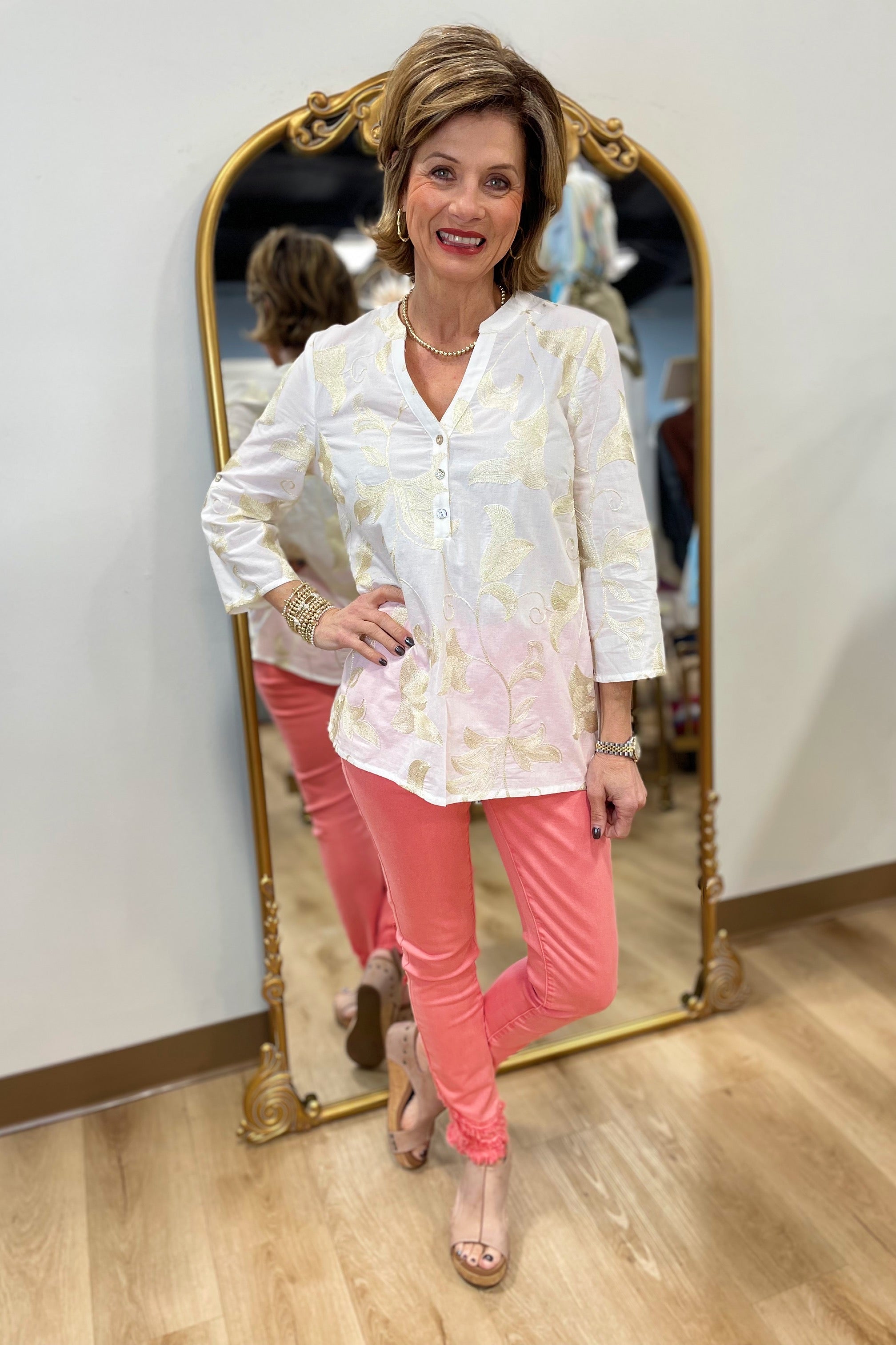Charlie B Embroidered Popover Blouse Gold