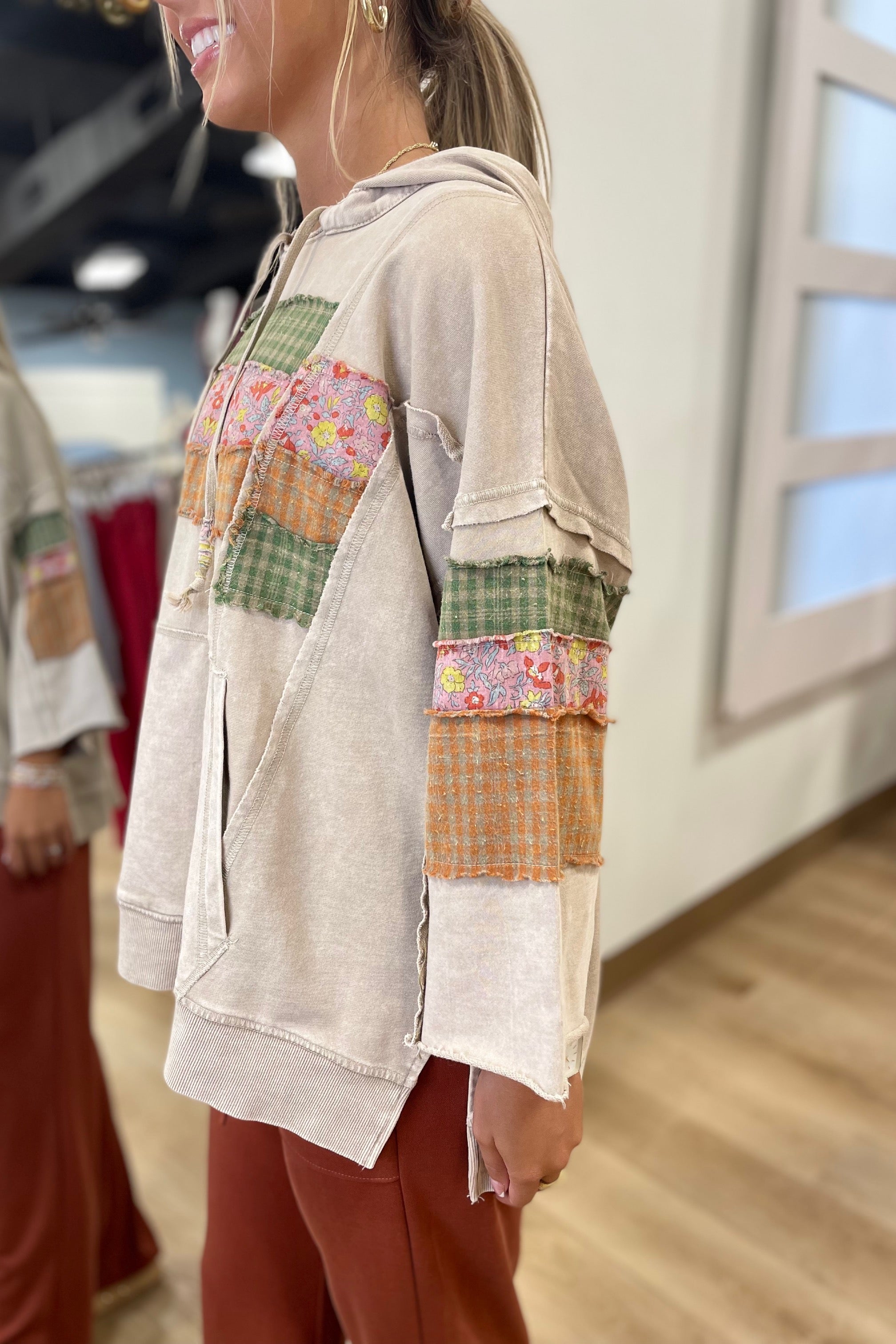 Plaza Taupe 3/4 Sleeve Print Mix Hoodie