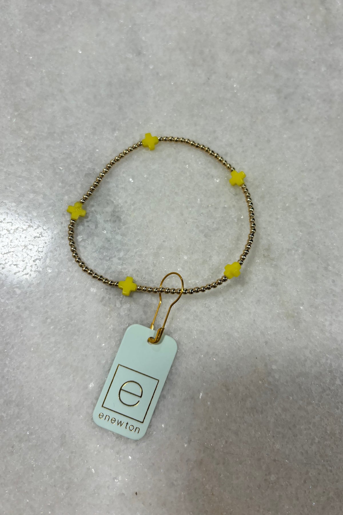 E Newton Signature Cross Small Gold Pattern 2mm Bead Bracelet Canary