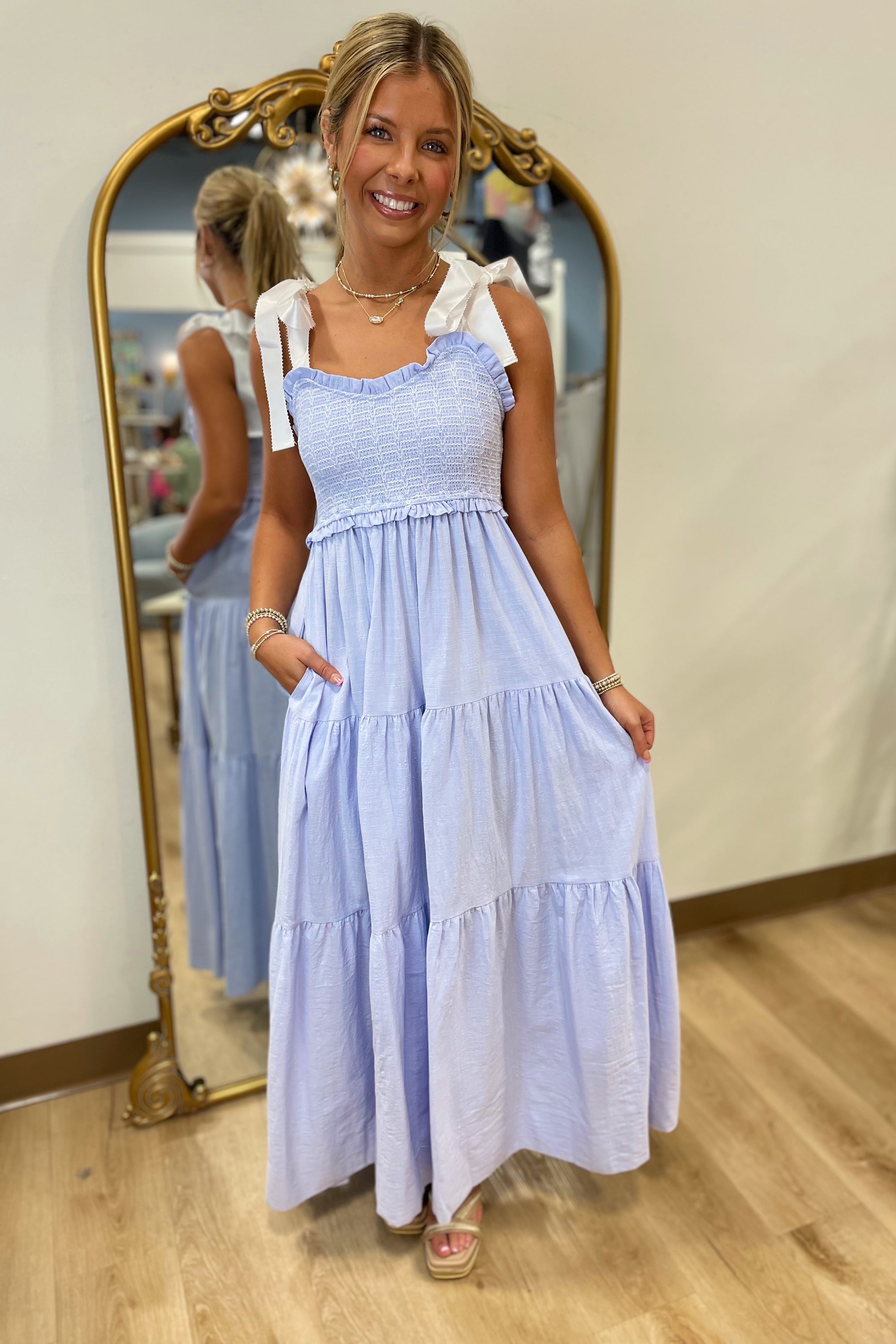 Soft Elegance Shoulder Tie Dress Blue