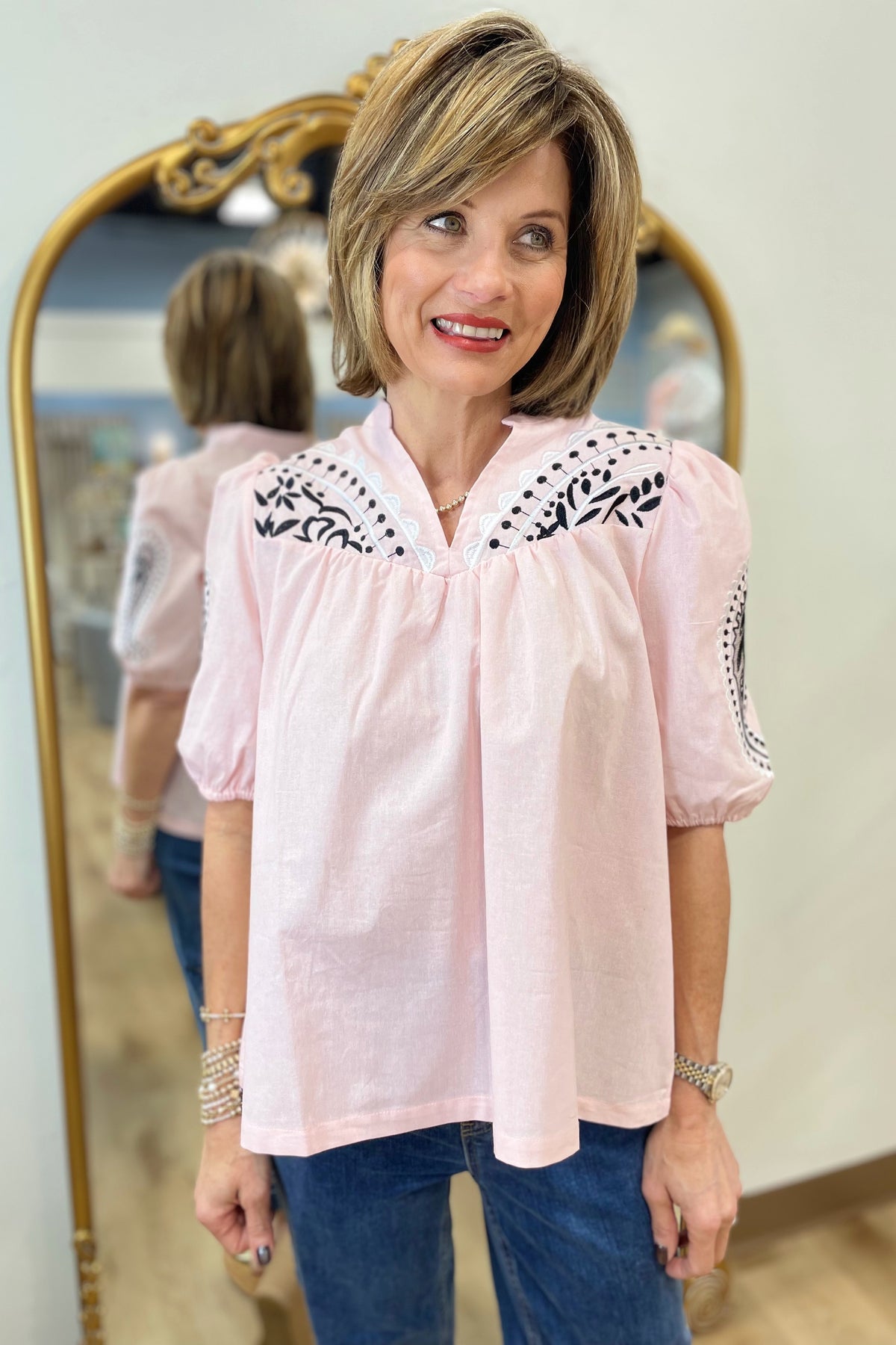Mud Pie Humphrey Embroidered Top Pink