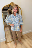 Umgee Floral Print Blouse Denim Blue