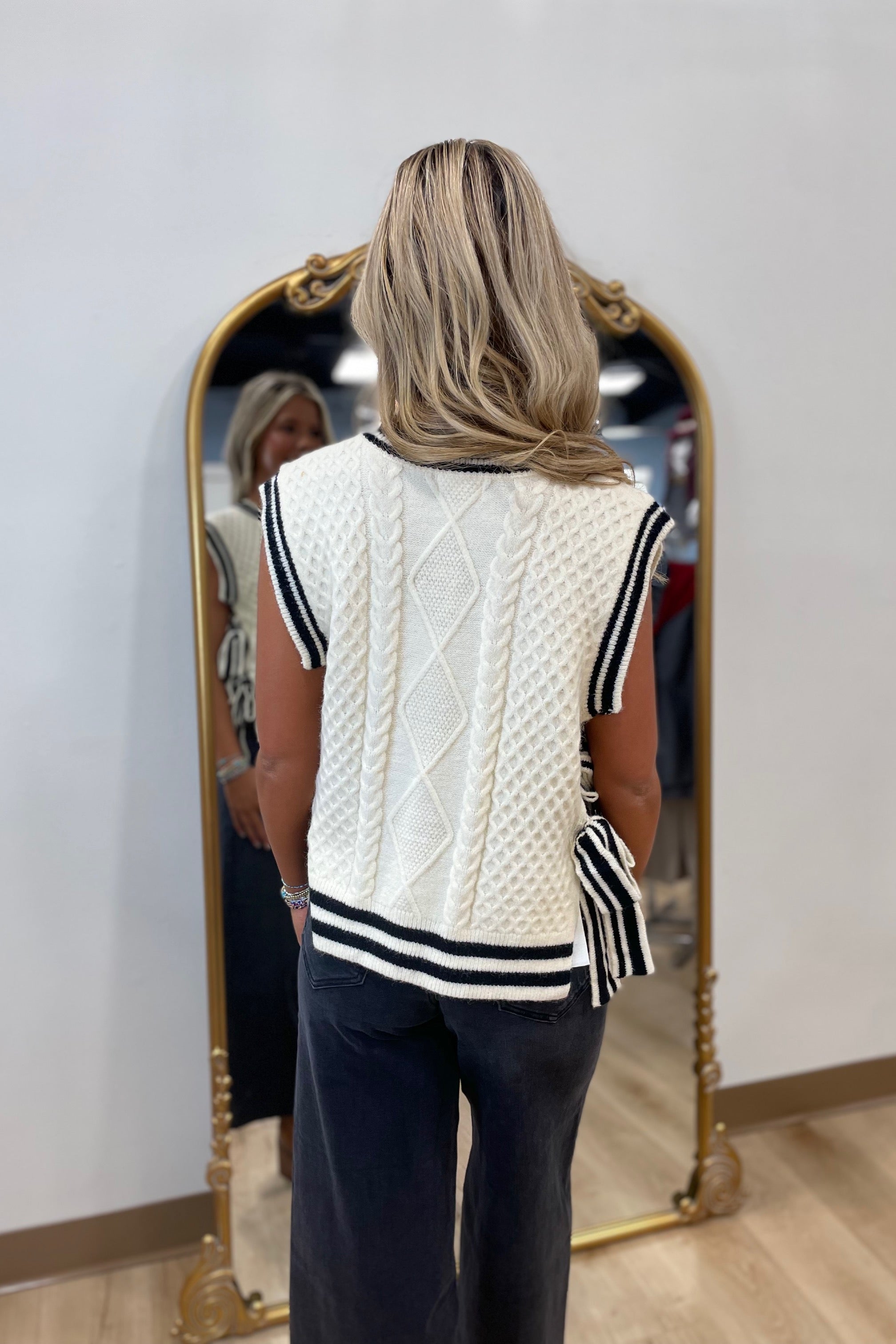 Cora Cable Knit Side Tie Sweater Ivory/Black